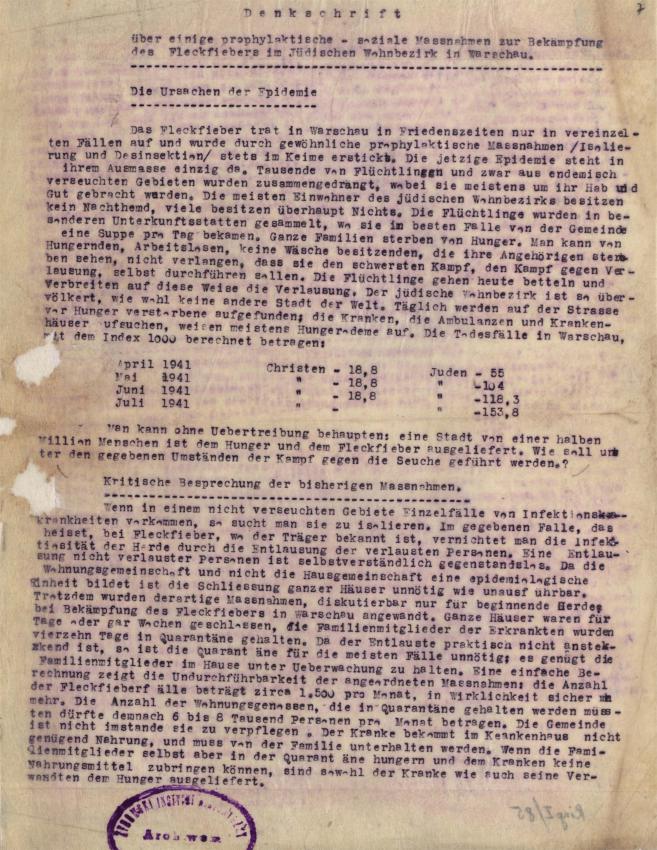Denkschrift über einige prophylaktische - soziale Massnahmen zur Bekämpfung des Fleckfiebers im Jüdischen Wohnbezirk in Warschau Juni 1941