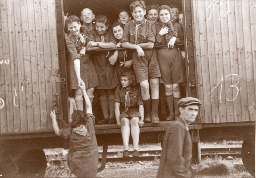 "הבריחה"- קבוצת נערים חברי תנועת נוער על רכבת בדרכם ל- ברטיסלבה, צ'כוסלובקיה, שנת 1946