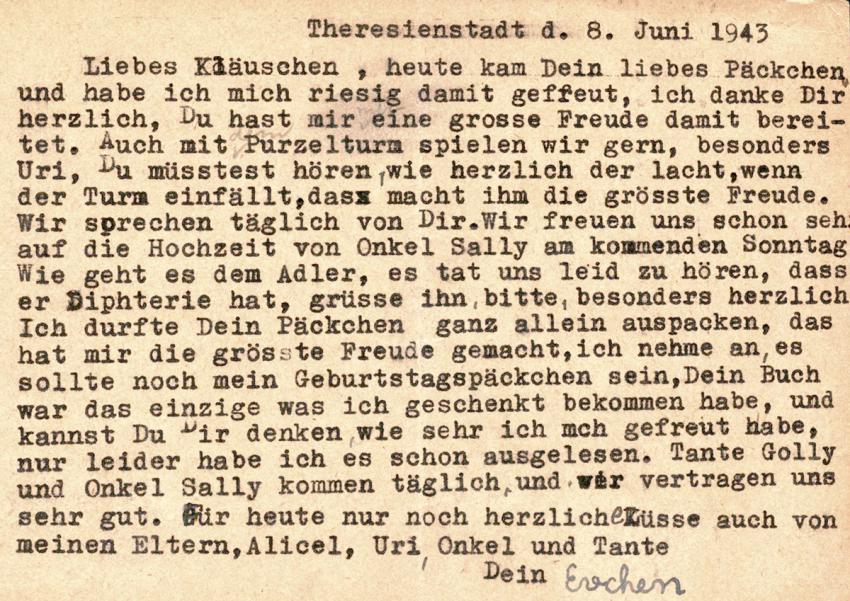 גלויה ששלחה אוה קוצובר מגטו טרזין לבן דודה קלאוס זבילסקי בברלין, יוני 1943