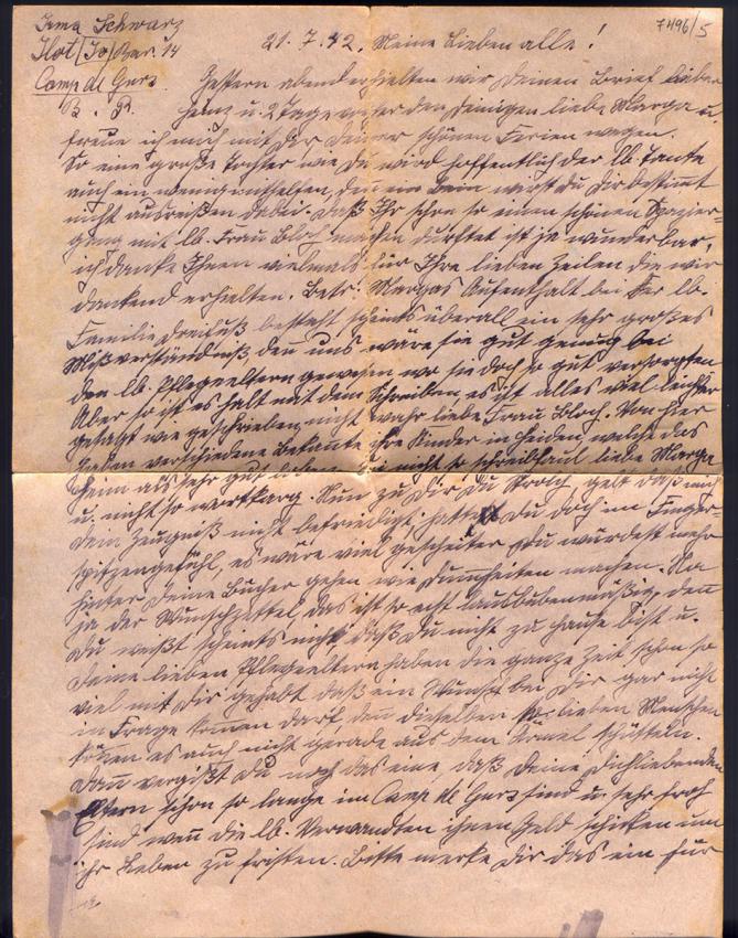 Last letter that Heinz Schwartz received from his mother Irma Schwartz