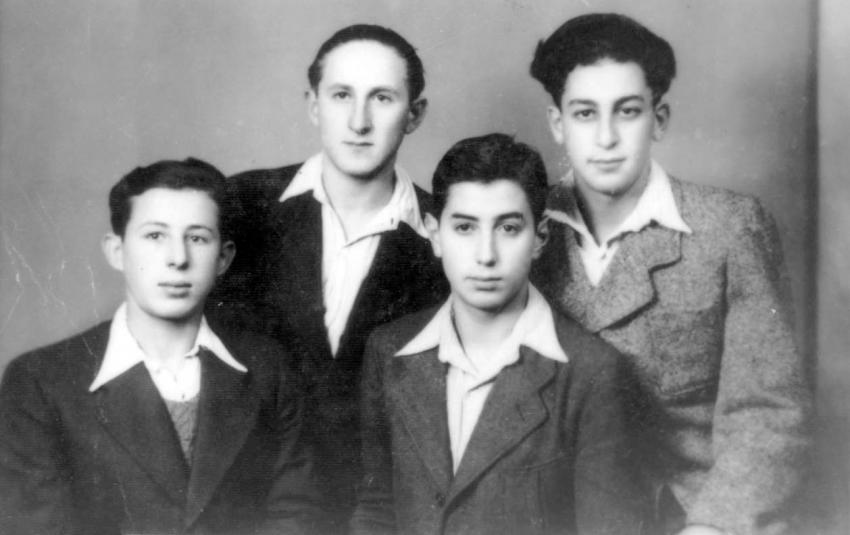 Israel Piernikow (right) and friends. Lodz, Poland, 1945