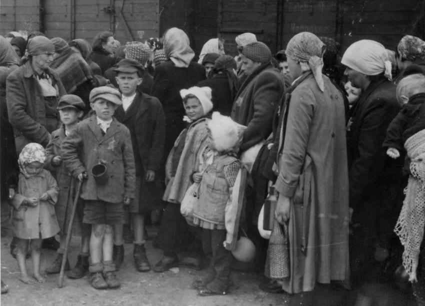 Transport arrival at Auschwitz-Birkenau. From left to right: Mrs. Tsubs Miller, standing with her three sons and daughter; Bryna Szlomowicz from Tacovo; Bryna stands with her two daughters, all were murdered upon arrival. (Photo 7)