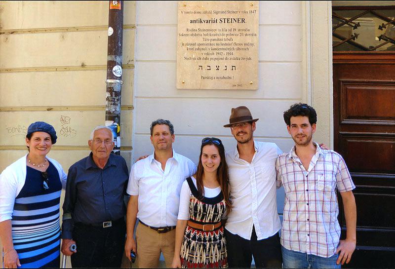 The descendants of Hermann and Selma Steiner during a visit to Bratislava, where a plaque was affixed next to the Steiner family bookstore.