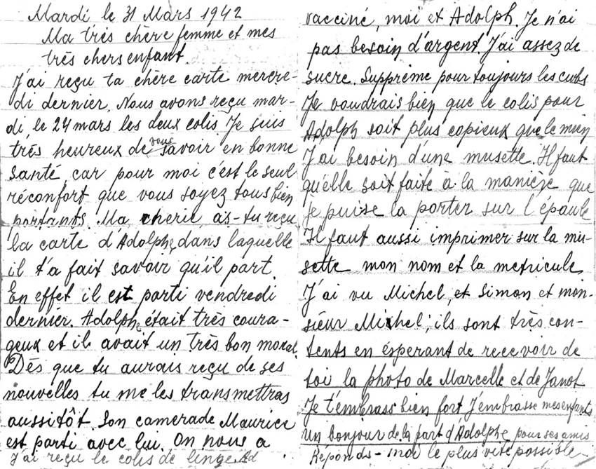 Lettre rédigée par Moshé Granilic depuis Drancy pour annoncer à sa femme le départ de leur fils Guédalia