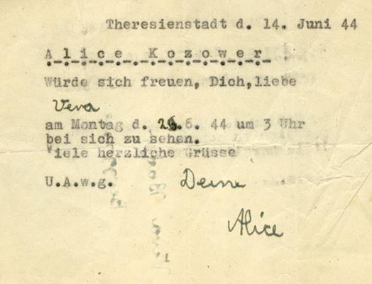 הזמנה ששלחה אליס קוצובר לחברתה ורה באדר בגטו טרזין. אליס נרצחה באושוויץ, ורה שרדה. 