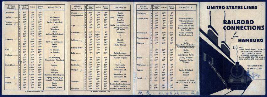 לוח הזמנים של הרכבת ששימשו את מריון רוכמן בנסיעתה מגרמניה לאנגליה במסגרת הקינדרטרנספורט