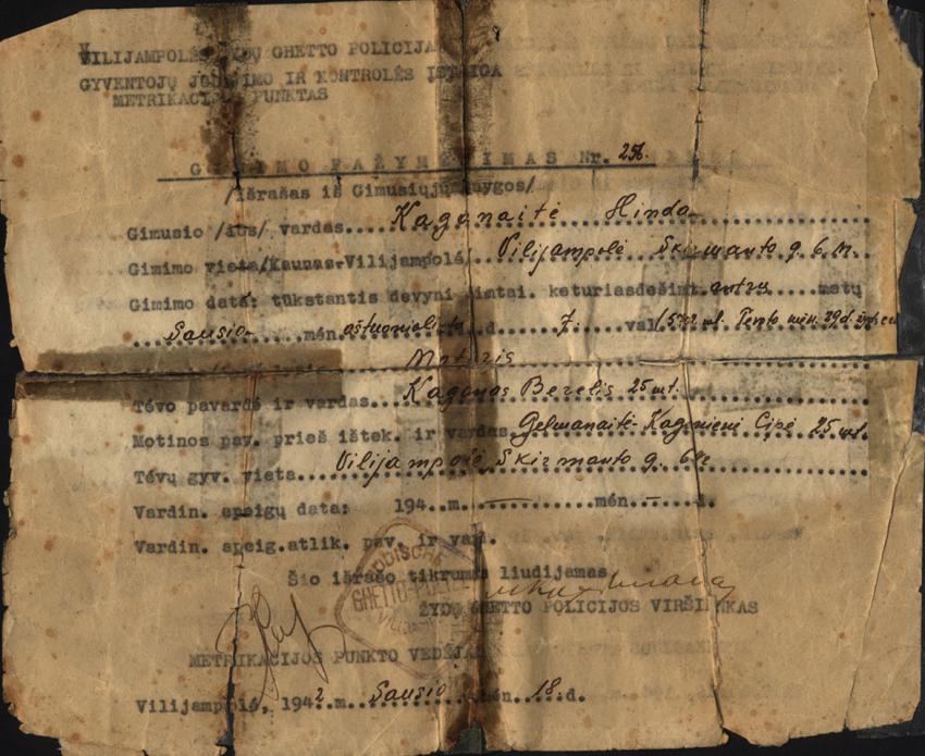 Birth Certificate of Hinda Cohen, Kovno Ghetto, January 18th, 1942