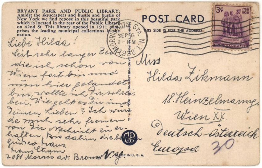 גלויה ששלח אל הִילדה הנס שטרום מניו יורק, ספטמבר 1938