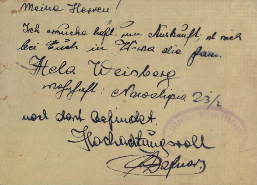 Anfrage von Alfred Dafner bezüglich Hela Weisbergs, 5.12.42  