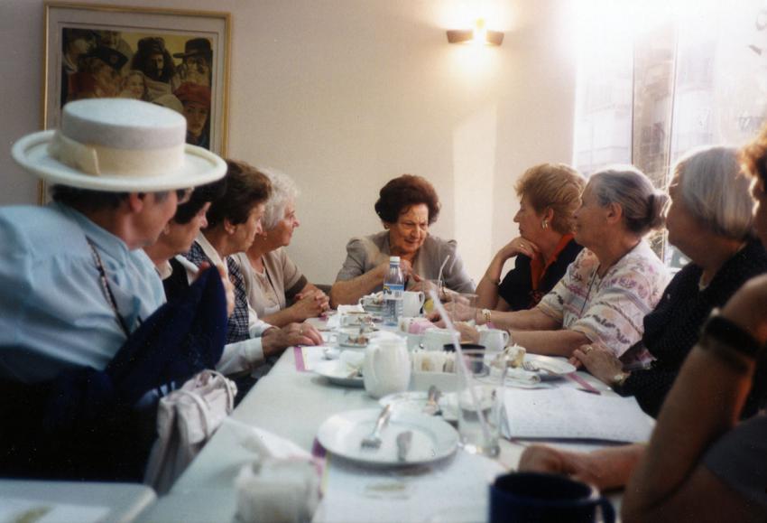 Yearly meeting of the women liberated in the Parschnitz Concentration Camp on May 9, 1945. “Café Yehudit”, Tel Aviv, May 9, 1997