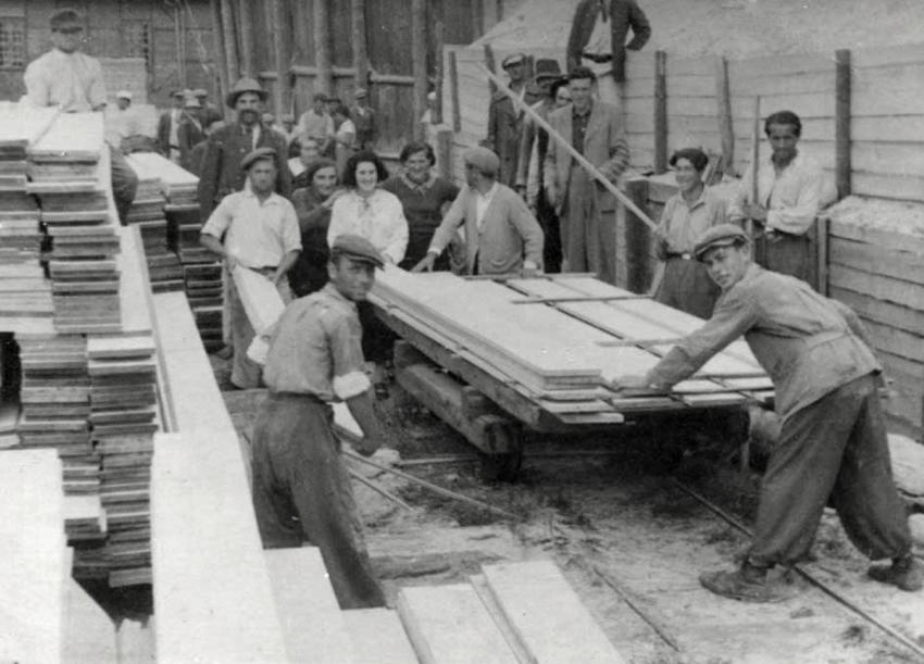 Members of the "Achva" training kibbutz at a workshop in Nadwórna before World War II