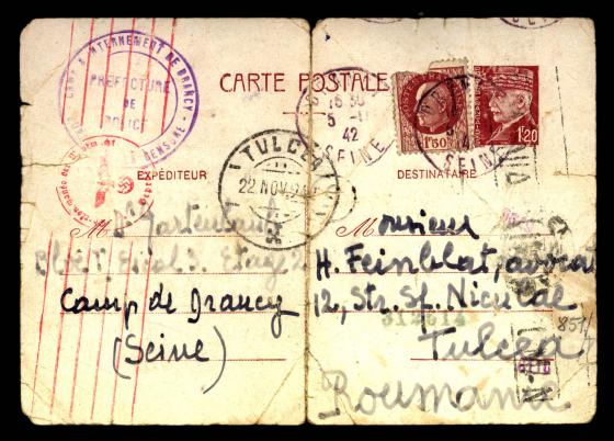 Dernière carte postale envoyée de Drancy par Herman et Bruha (Betty) Gartenlaub le 1er novembre 1942