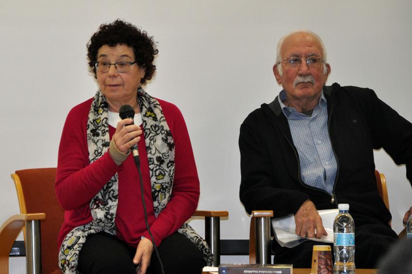 Prof. Dalia Ofer and translator Avraham Atzili  lecturing at the  symposium marking the launch of the Hebrew version of ‘The Clandestine History of the Kovno Jewish Ghetto Police’. Yad Vashem, 16 February 2017