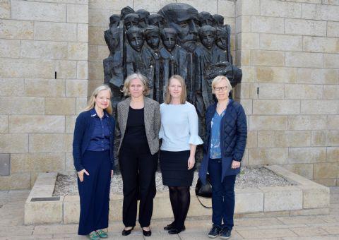 H. E. Anu Saarela, Ambassador at Embassy of Finland, Tel Aviv (second from left) and two of her colleagues with Dr. Susanna Kokkonen (far left) in Janusz Korczak Square at Yad Vashem on 18th January, 2017.