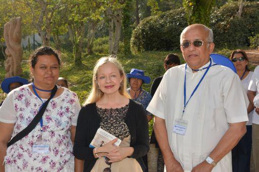 ICEJ Sri Lanka National Director Pastor John Kitto (right) and Tamara Kitto (left) with Dr. Susanna Kokkonen (center) at the entrance to the Avenue of the Righteous at Yad Vashem on 13th November, 2016.