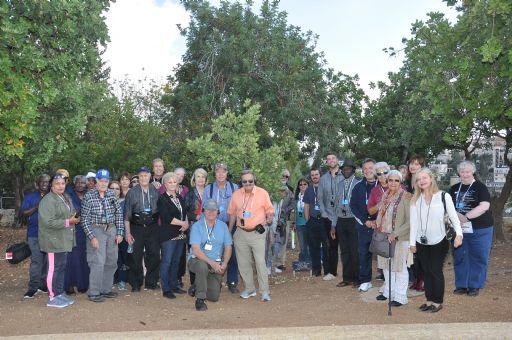 Mike Evans Jr. (fifth to the left from Dr. Kokkonen) and his group pictured with Dr. Susanna Kokkonen (front row, second from the right) in front of the tree of Corrie ten Boom in the Avenue of the Righteous at Yad Vashem on 06th November, 2016.