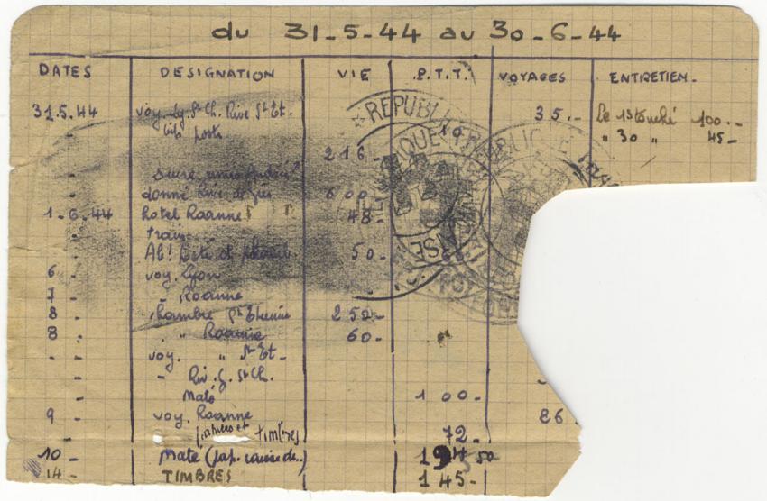 Un reçu avec les dépenses de Daniel Samuel pour le mois de juin 1944