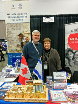 Betty-Lou Loewen ICEJ Canada BC Provincial Rep (and Yad Vashem Christian Leadership Seminar participant) pictured with Neil Loewen promoting Christian Friends of Yad Vashem at the ICEJ Booth during Vancouver Mission Fest on 27th January 2017. 