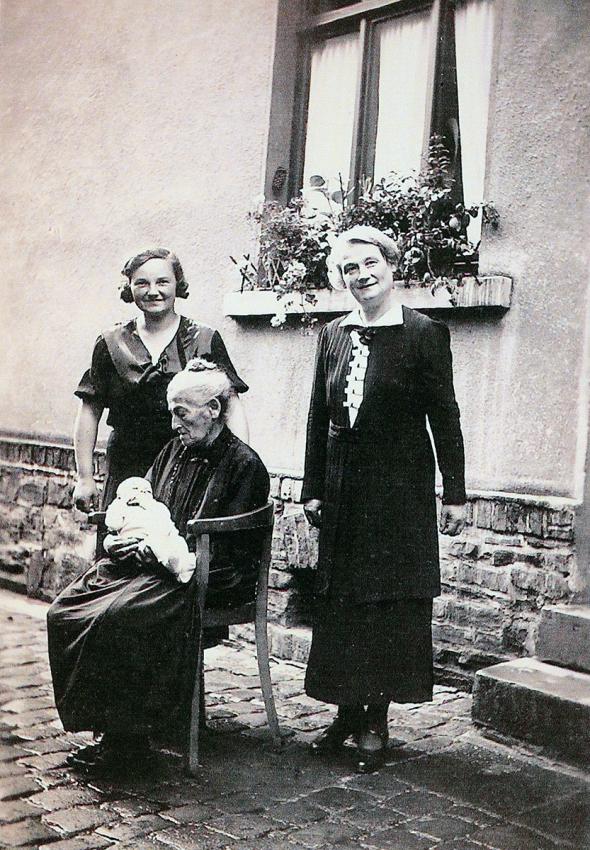 Four generations of women from the same family, Germany 1938. Six-week-old Ruth Baer is held by her great-grandmother, Karolina Wolf. Right: Adela Faber-Wolf (Ruth's maternal grandmother). Left: Thea Baer, Ruth's mother
