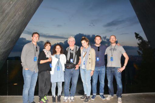 Jonny Manson (centre), visited the Holocaust History Museum and Children's Memorial on 8 May with (left to right) his son Edward, wife Avril, daughter-in-law Nicole, daughter Hannah Peters, son-in-law Carl Peters and son-in-law Jonny Ornstein