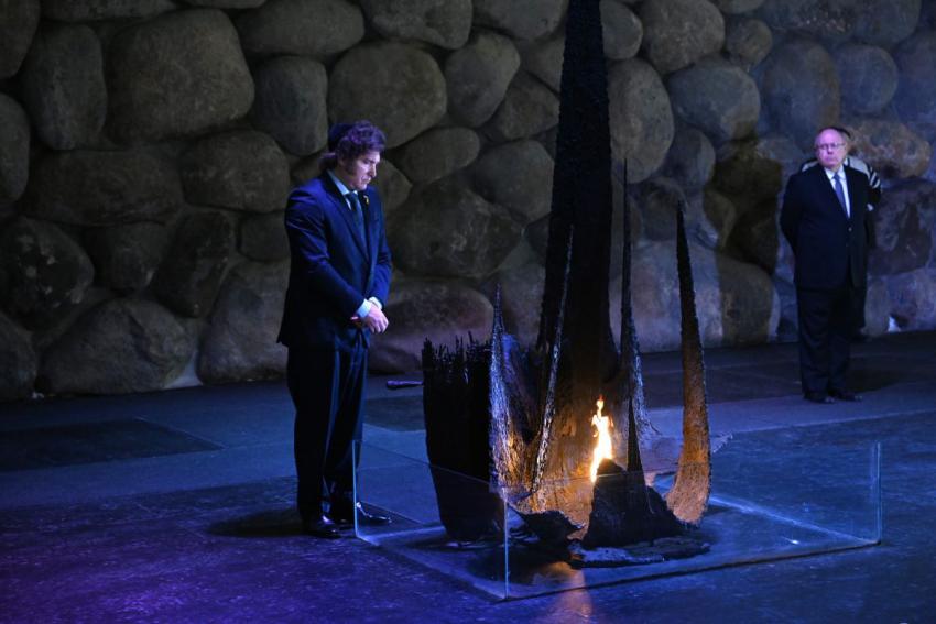 President Milei rekindling the Eternal Flame at Yad Vashem's Hall of Remembrance