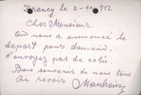 Dernière carte postale envoyée de Drancy par Abraham Manheim le 2 novembre 1942