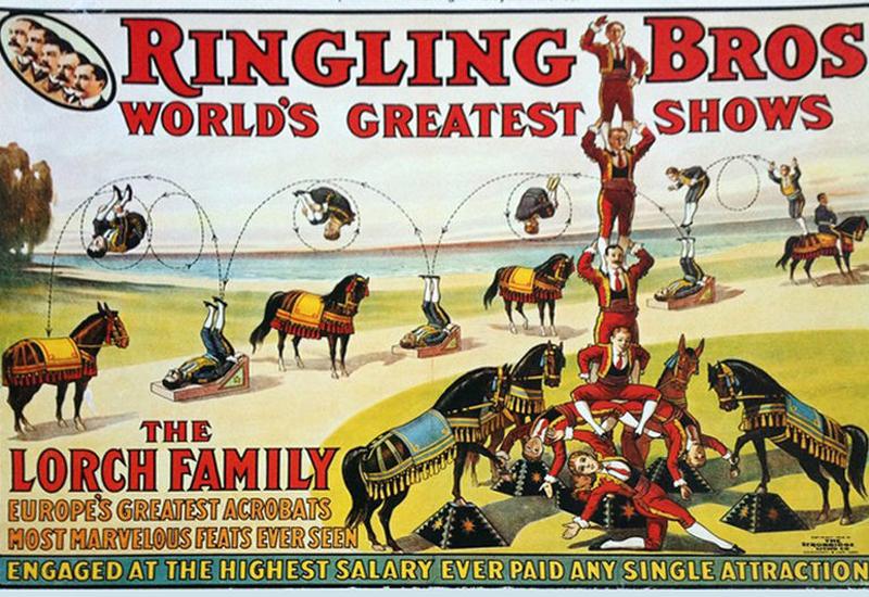 Poster by the Strobridge Lithography Company advertising the Lorch Family at Ringling Bros. Circus (1909)