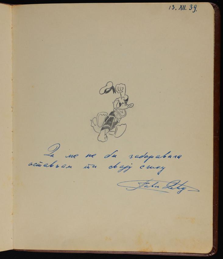 Dibujo y dedicatoria para Sarika Kalderon. Belgrado, 13 de diciembre de 1939