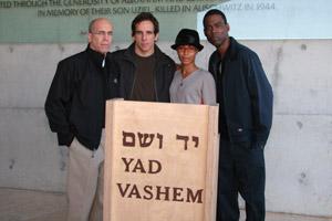 Jeffrey Katzenberg, Ben Stiller, Jada Pinkett Smith, and Chris Rock at the exit of the Children's Memorial at Yad Vashem today [Isaac Harari/Yad Vashem/editorial use only] 