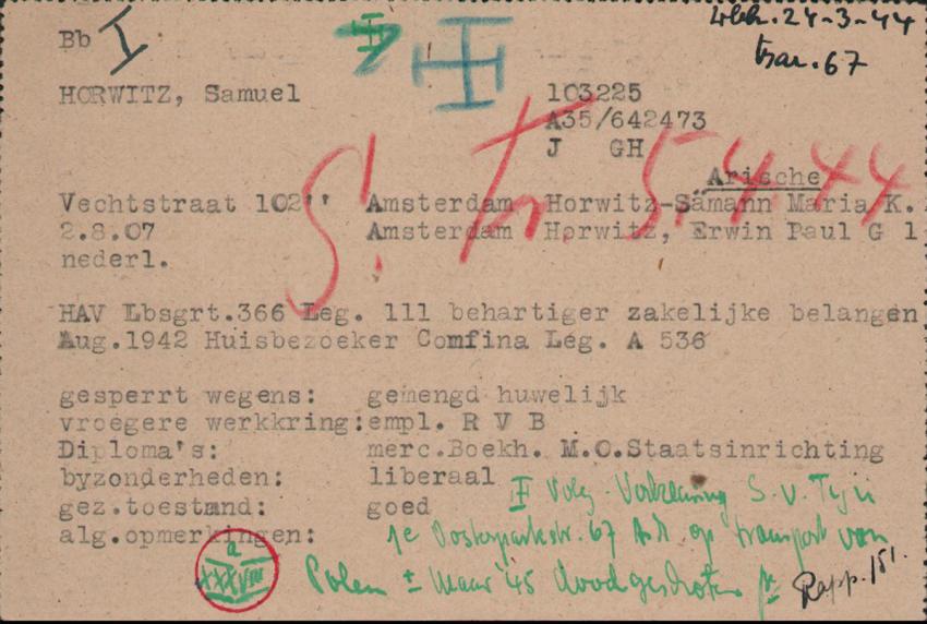 כרטיסו האישי של סמואל הורביץ במחנה ווסטרבורק.