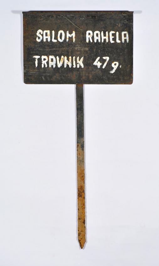 A grave marker inscribed with the name of Shalom, Rahela of Travnik who was murdered in Djakovo Camp aged 47