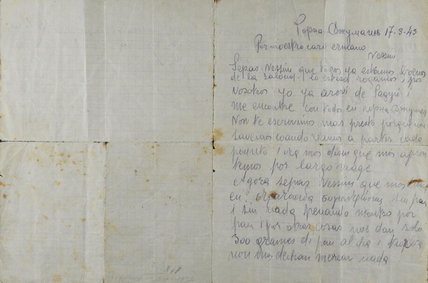 Primera página de la carta póstuma de Albert Kabili escrita en ladino
