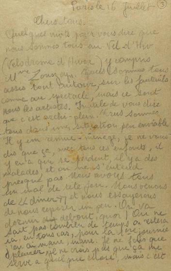 Lettre envoyée du Vélodrome d'hiver par Rachel Polakiewicz le 16 juillet 1942
