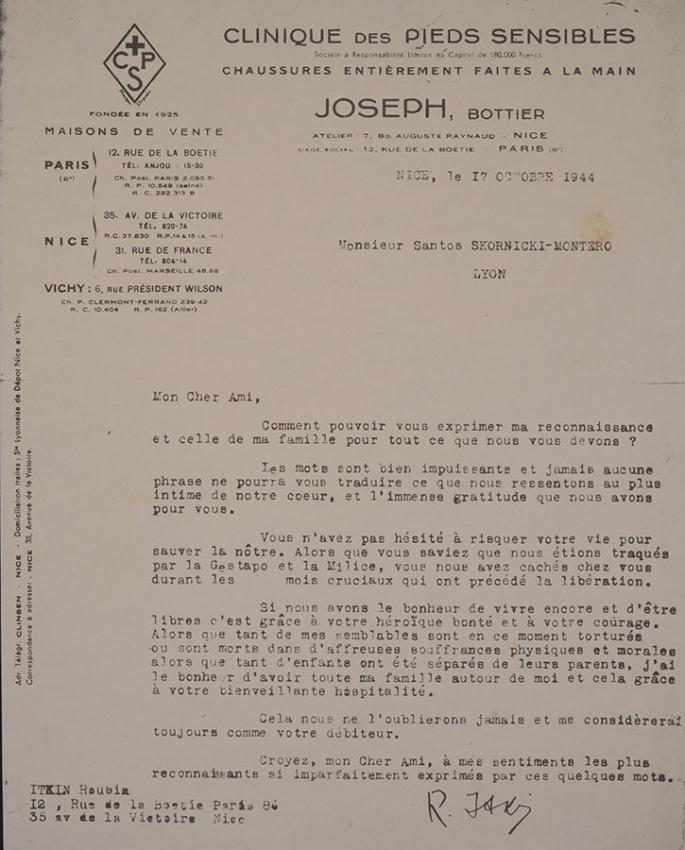 Lettre de remerciements de Roubin Itkin, adressée à Skornicki/Montero après la guerre. Roubin Itkin et sa famille ont été sauvés de la déportation par Skornicki.