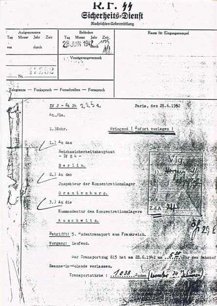 Record of deportation of 1038 French Jews to Auschwitz, including Zizi's father