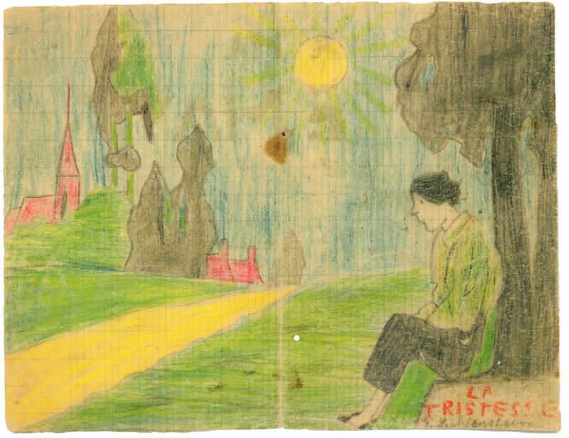 This is a drawing I sent to my mother. I drew a child who leans on a tree and looks at the most beautiful thing he can see. The sun is shining and the sky is blue. But I called the picture “Sadness.” These are the true thoughts of a child.