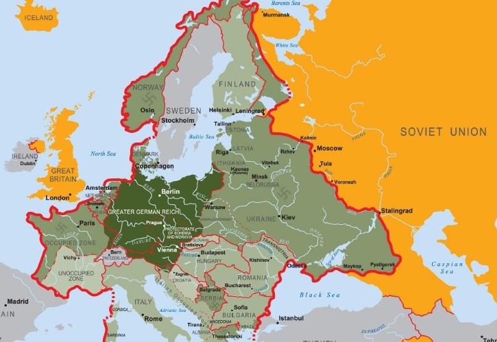 Карта территорий Европы, захваченных нацистской Германией, лето 1942 года