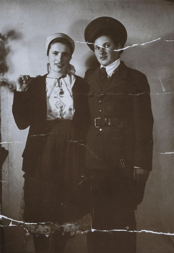 Miriam and Sara Goldstein in costume, Purim 1942, Érmihályfalva, Hungary