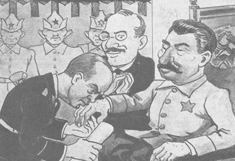 קריקטורה "המחווה הפרוסית במוסקבה" בעיתון הפולני Mucha, מ-8 בספטמבר 1939