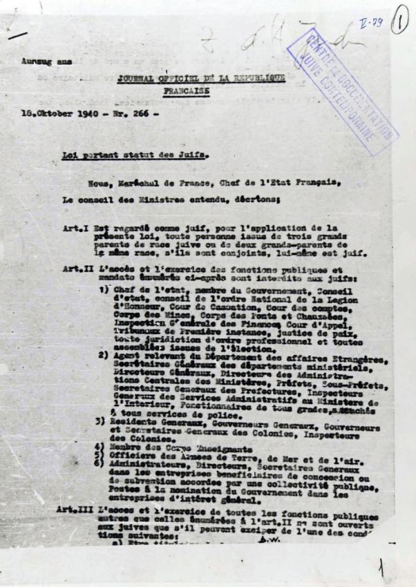 Loi d'octobre 1940 portant statut des Juifs 