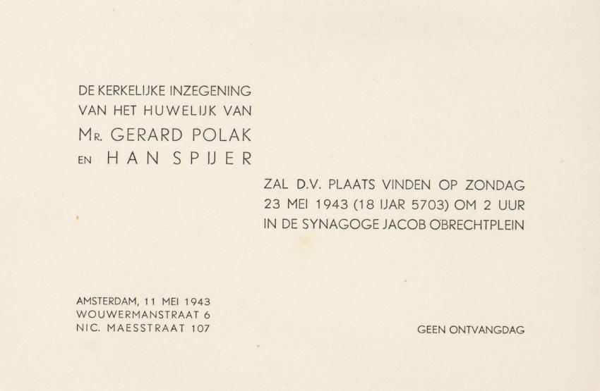 Invitation to the wedding of Gerard Polak and Johanna (Han) Spijer