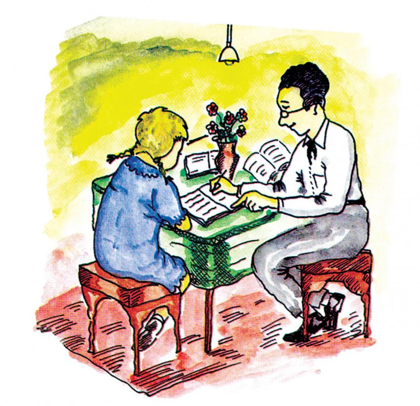 Hannah learns to read with her father (an illustration from the book)