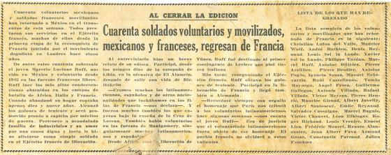 Cobertura de prensa en México, al regresar Marcel, luego del triunfo de las Fuerzas Francesas Libres, luego de 3 años de servicio (Agosto, 1945)