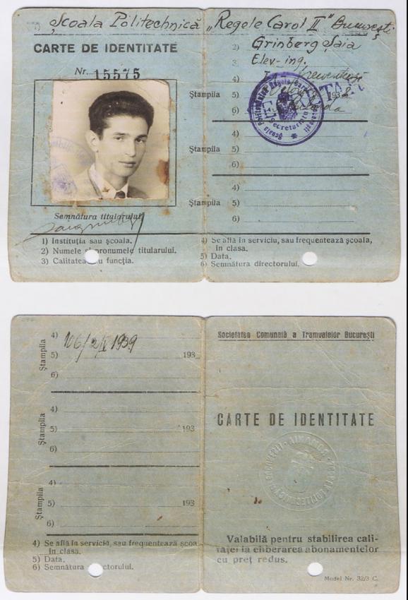 Carnet de estudiante de Şaia Grinberg para 1938/1939 de la Escuela Politécnica de Bucarest, Rumanía
