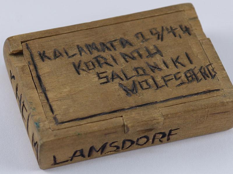 The box on which Jacob Marmorosch engraved the names of the camps through which he passed