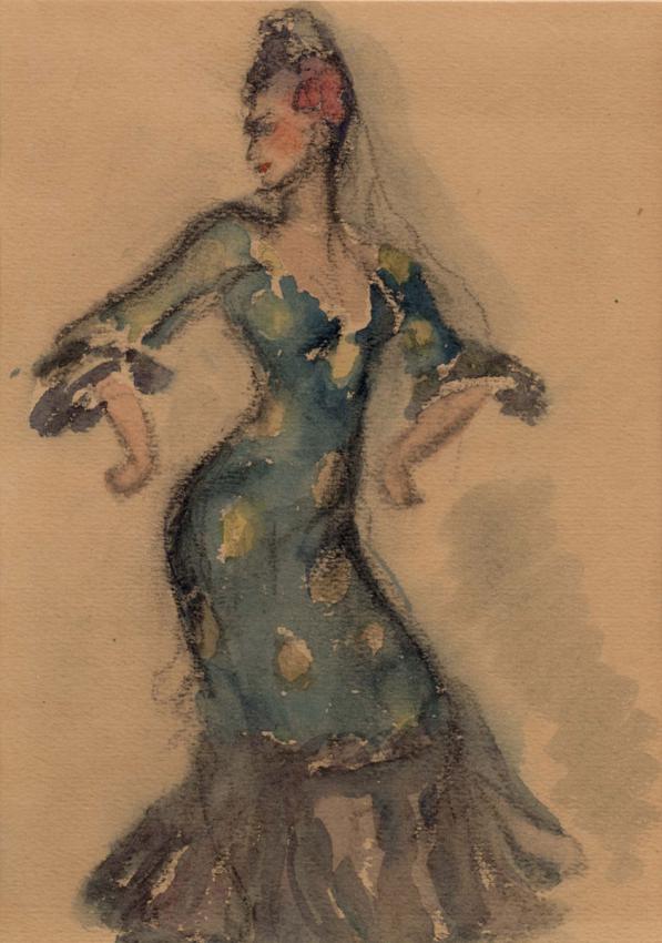 Lotka Buresova, &quot;The Last Flamenco,&quot; Theresienstadt, 1943. Portrait of the Dutch amateur dancer Catherina Frank-van den Berg, who became a model for the Czech painter Charlotte Buresova for a series of drawings on world dances