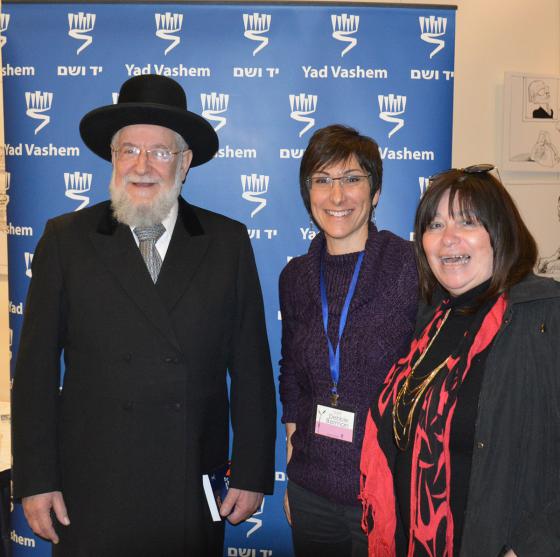 Rabbi Israel Meir Lau, Chairman of the Yad Vashem Council, pictured with Cynthia Wroclawski, Manager, Shoah Victims' Names Recovery Project and Sara Berkowitz, Head of Community Relations, Shoah Victims' Names Recovery Project at the 70 Days for 70 Years 