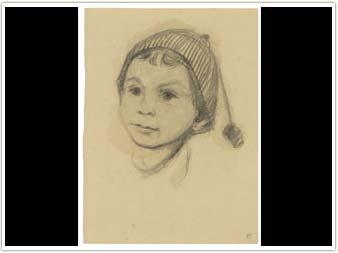 אוטו אונגר (1901-1945), דיוקן ילד חובש כובע צמר ופונפון, 1944 - 1942, עיפרון על נייר