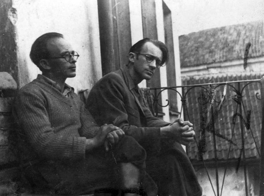 Vilna, Poland, Abraham Sotzkower and S. Kotschechinski on the balcony of their flat in the ghetto, 07/1943