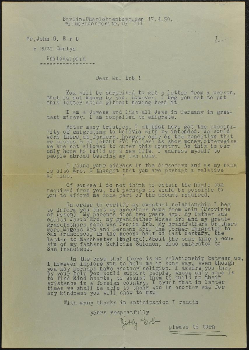 A letter of Betty Erb to a John B. Erb 